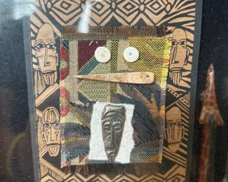 African-Themed Mixed Media Assemblage Shadow Box with 9 Panels