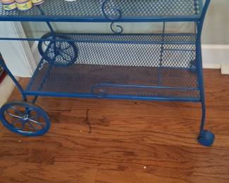 Vintage Blue Metal Mesh Serving Cart