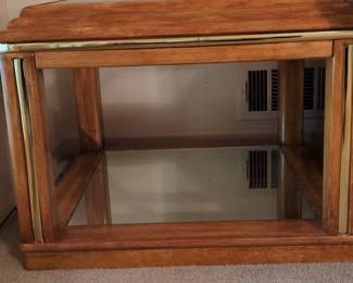 1980s Postmodern Wood, Glass, and Brass End Table with Mirrored Shelf