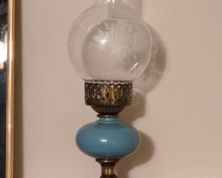 Vintage Blue Milk Glass Hurricane Table Lamp with Etched Floral Globe