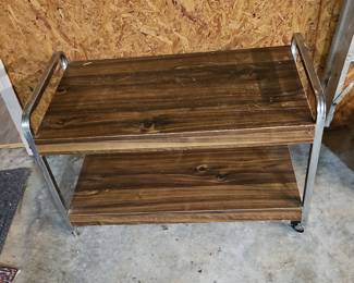 Mid-Century Modern Two-Tier Rolling Serving Cart with Wood-Grain Laminate Shelves