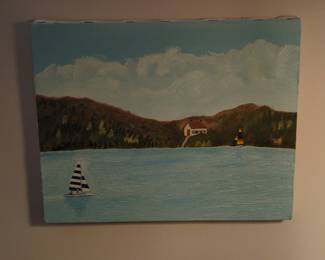 Amateur Landscape Oil Painting of Lake and Sailboats