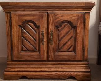 Vintage Solid Oak Two-Door Nightstand with Arched Cathedral Doors