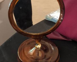 Vintage Amber Glass Tabletop Vanity Mirror with Gold-Tone Accent