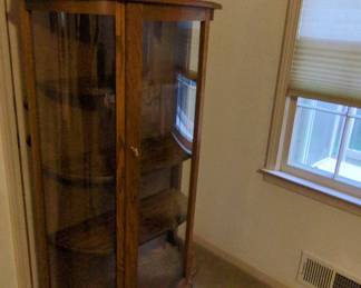 Antique Tiger Oak Curved Glass Curio Cabinet