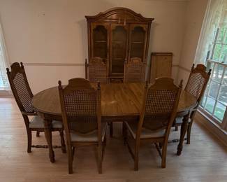 Thomasville "Ceremony Collection" Oak Dining Set with Hutch and Cane-Back Chairs