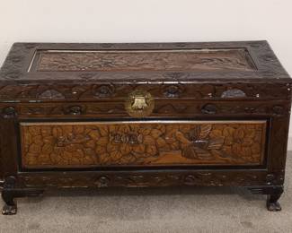 Carved Camphor Wood Chest with Bird and Floral Motifs