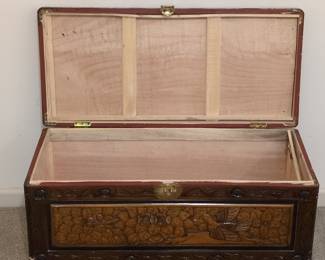Carved Camphor Wood Chest with Bird and Floral Motifs