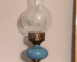 Antique French Victorian Blue Opaline Glass Electrified Oil Hurricane Table Lamp Pair