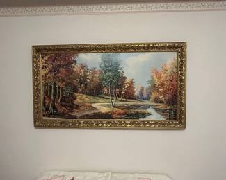 Robert Wood Style Autumn Landscape Oil Painting in Ornate Gilt Frame