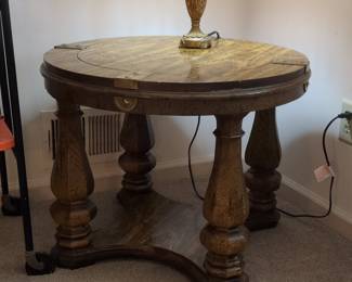 Vintage Faux-Finish Pedestal Drum Table with Brass Accents