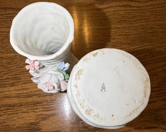 Vintage White Porcelain Basket Weave Bud Vases with Applied Roses