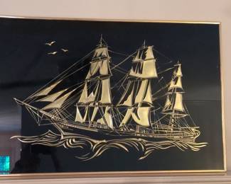 Vintage Gold Leaf Etching Sailing Ship Wall Art