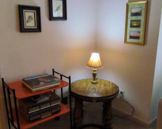 Vintage Round Wood Pedestal End Table and Orange Metal Rolling Cart
