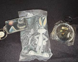 Vintage Six Flags Over Georgia Souvenir Lot: Bugs Bunny Keychain, Fireworks Keychain, and Park Imagery Keychain