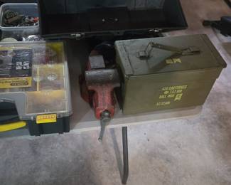 Workshop Tool Lot: Vintage Bench Vise, 7.62mm Ammo Can, and Stanley Organizer