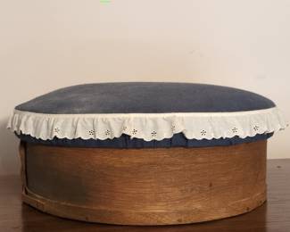 Antique Folk Art Pin Cushion Nestled into a Round Stitcher's Tray