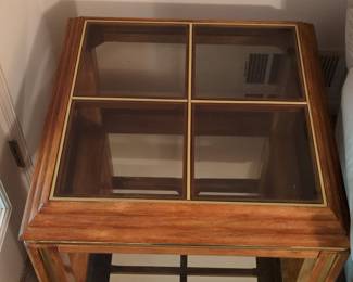1980s Postmodern Wood, Glass, and Brass End Table with Mirrored Shelf