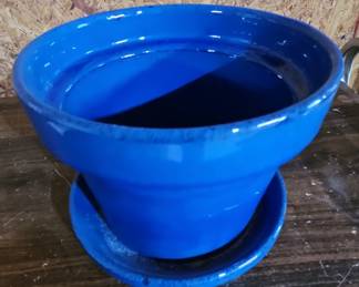 Blue Glazed Ceramic Planter with Saucer