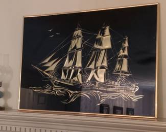 Vintage Gold Leaf Etching Sailing Ship Wall Art