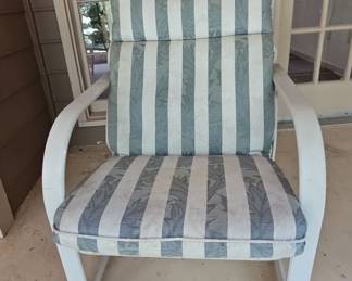 Vintage White Metal Frame Lounge Chair with Blue and White Striped Cushions