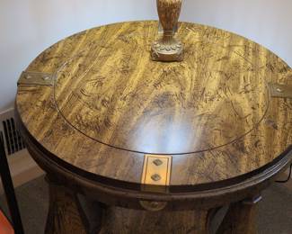 Vintage Faux-Finish Pedestal Drum Table with Brass Accents