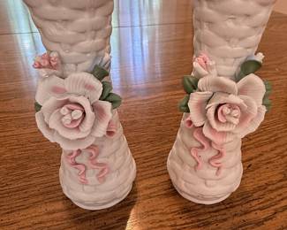 Vintage White Porcelain Basket Weave Bud Vases with Applied Roses