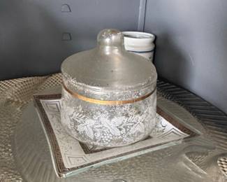 Vintage Frosted Glass Candy Dish with Grape and Leaf Pattern, Gold Band