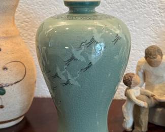Vintage Korean Celadon Maebyeong Crane Vase with Makers Mark