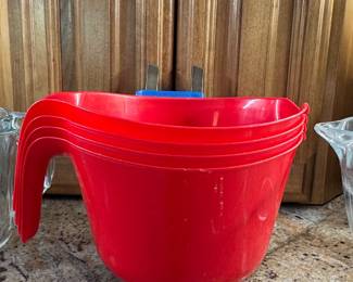 Vintage Red Plastic Mixing Bowls with Pour Spout and Handles  Set of