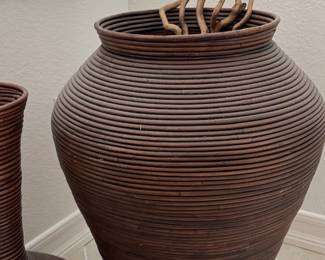 Pair of Large Pencil Reed Rattan Floor Vases in the Style of Gabriella Crespi second image