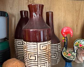 Set of MidCentury Modern Geometric Drip Glaze Ceramic Vases and Portuguese Rooster Figurine
