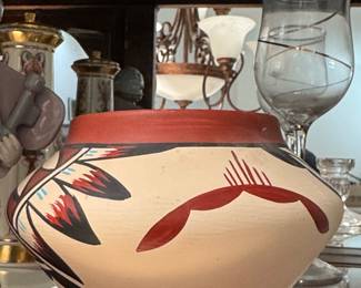 Zia Pueblo Polychrome Pottery Olla with Bird or Feather Motif