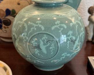 Handmade Korean Inlaid Celadon   Ceramic Jar  Cranes  Clouds, Traditional Pottery, Home Decor, Moon Jar