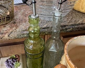 Vintage Decorative Glass Oil Cruet Set  Green and Clear