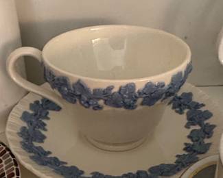 Wedgwood Embossed Queens Ware Teacup and Saucer  Blue Grapevine