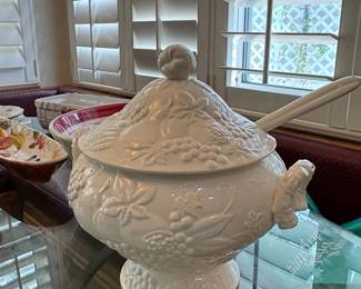 Vintage White Ceramic Embossed Fruit Soup Tureen with Ladle