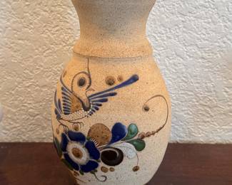 Vintage Mexican Tonala Pottery Vase with Bird and Floral Design