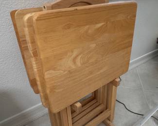 PJ Wood Solid Wood Piece Folding TV Tray Table Set with Storage Rack, Natural Finish