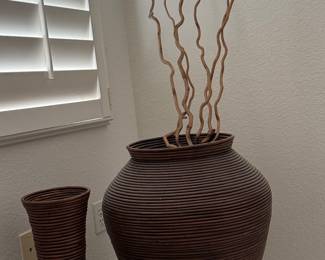 Pair of Large Pencil Reed Rattan Floor Vases in the Style of Gabriella Crespi