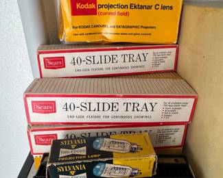 Vintage Slide Projector Accessory Lot Kodak Lens, Sears Trays, Sylvania Lamp, Argus Tray