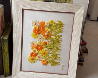 Vintage s Floral Crewel Embroidery Wall Art  Floral Still Life