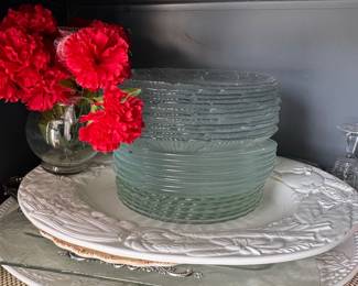 Assorted Vintage Tableware Collection Embossed Floral Ceramic Plates and Ribbed Glass Plates