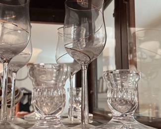 Vintage Gold Swirl Crystal Wine Glasses and Pressed Glass Candle Holders