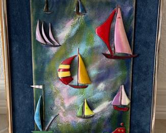 MidCentury Modern Enamel on Copper Sailboat Wall Art by Dominic Mingolla