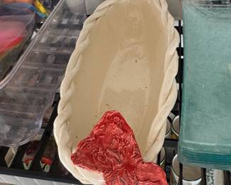 HandBuilt Ceramic Oval Tray with Braided Rim and Butterfly Accent