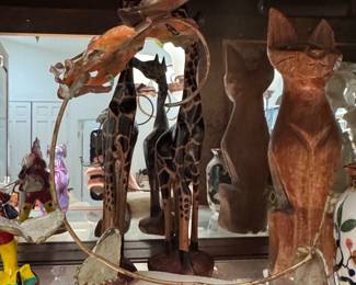 HandCarved Wooden Giraffe Pair and Stylized Cat Figurine
