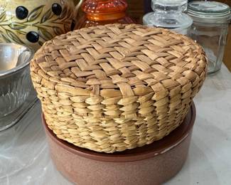 Vintage Woven Coaster Set with Lidded Basket Holder