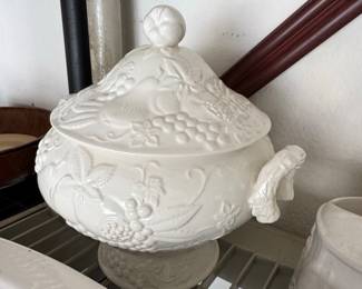 Vintage White Ceramic Soup Tureen with Fruit Motif, Lid, and Ladle  Possibly Signature Japan