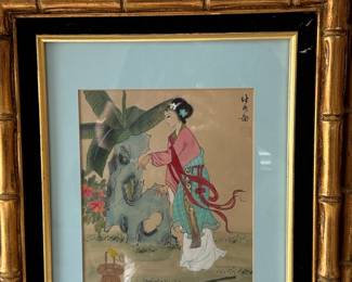 Vintage Chinese Watercolor Painting of a Lady in a Garden, Mau Ling